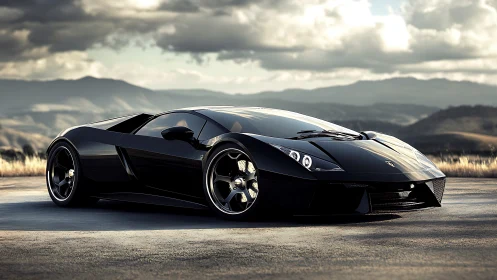 Black sports coupe on open road with distant hills backdrop.