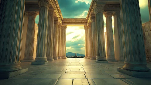 Golden sunlight pours through tranquil ancient marble columns