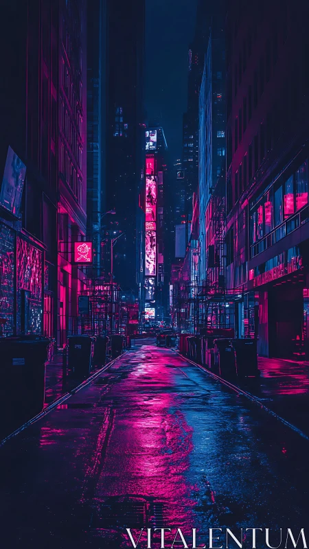 Neon alleyway reflects cyberpunk city glow at night.