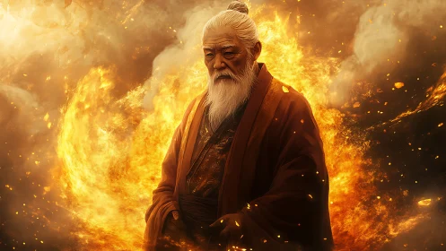 Elder fire mage in flowing robes amid engulfing inferno halo