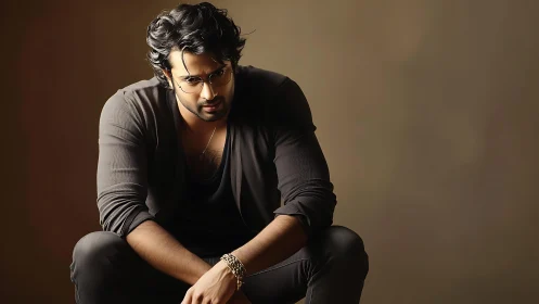 Moody seated portrait with soft key lighting and shallow depth