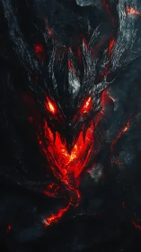 Lava-born dragon visage blazing through obsidian darkness.