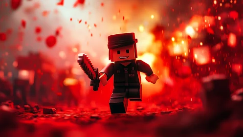 Lego style soldier runs through blazing red battlefield scene