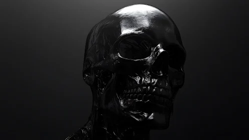 Specular black skull render with high-gloss subsurface sheen.