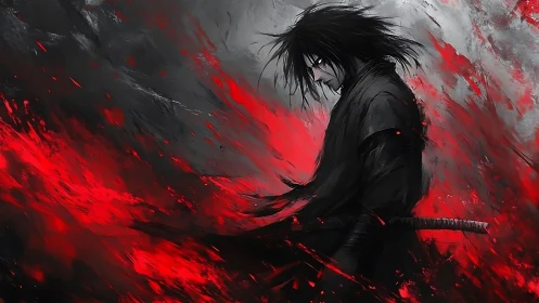 Solitary swordsman amid red and black abstract motion.