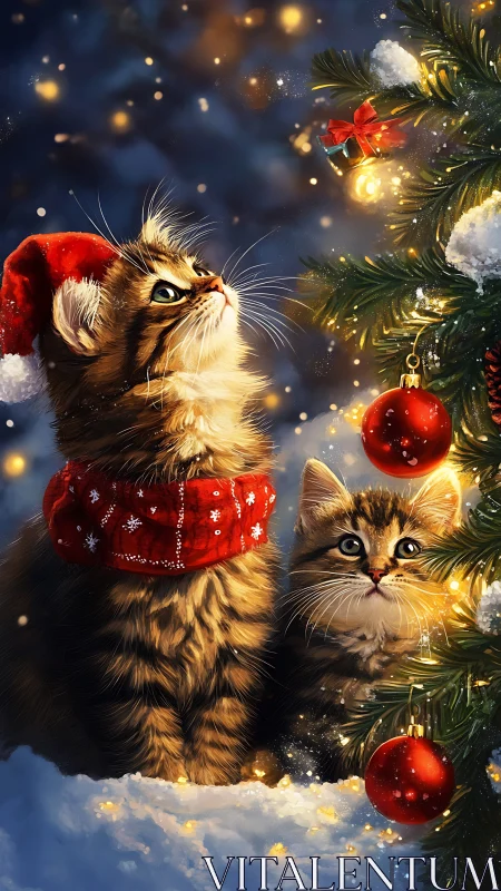 Festive Cats in Santa Attire Explore Christmas Tree Ornaments
