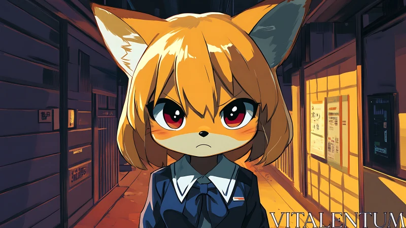 Foxgirl office worker stands alone in neon alleyway night