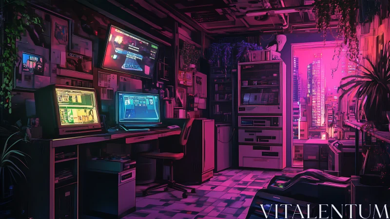 Neon lit cyberpunk computer workspace overlooking city.