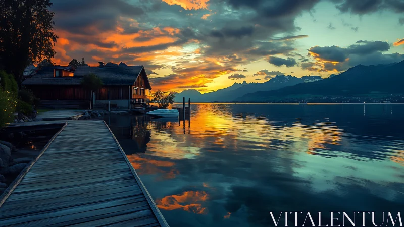 Lakeside chalet and pier frame a saturated alpine sunset reflection