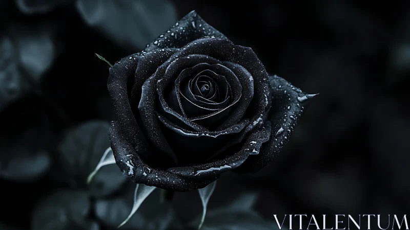 Midnight black rose glistens with dew in dramatic silence