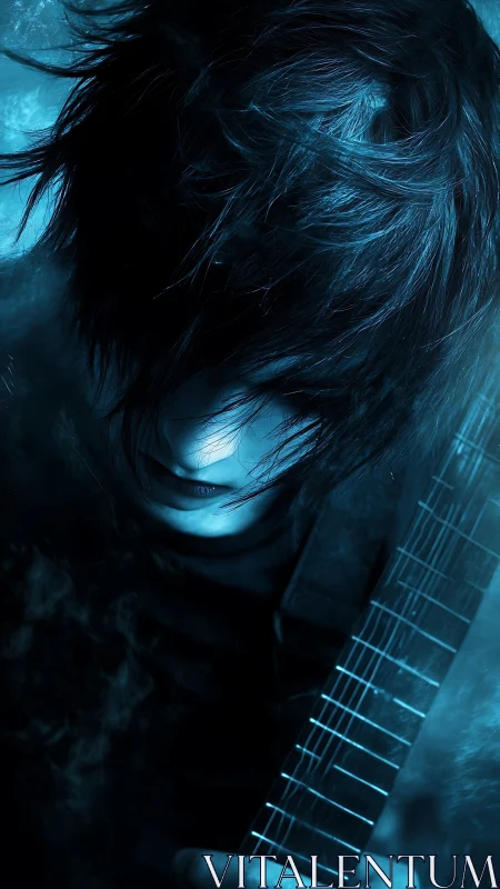 Blue-lit emo guitarist in moody close-up portrait study.