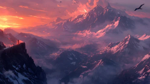 Sunlit snow-covered mountain range recedes into dense mist