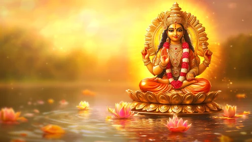 Golden seated deity on lotus pedestal over reflective water.