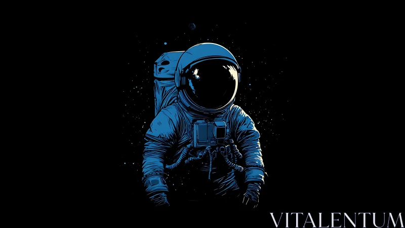 Isolated blue spacesuit figure against deep black space field.