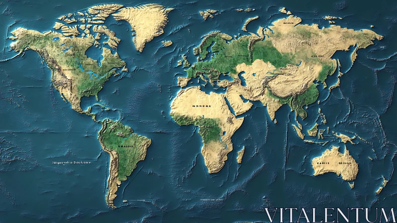 Global hypsometric relief map with bathymetric ocean basins.