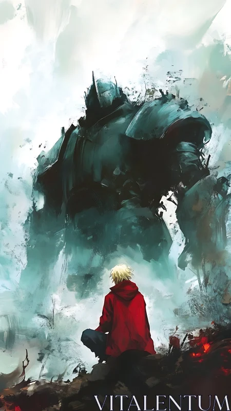 Red-hooded dreamer facing a mist-shrouded metal giant.