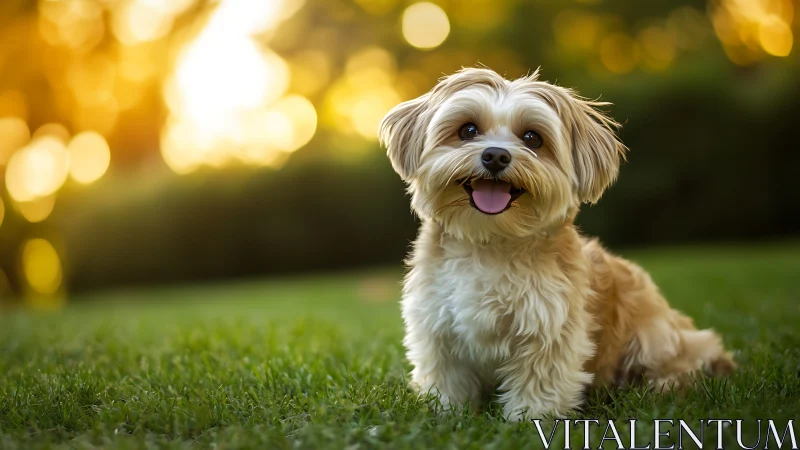 Small fluffy dog in golden hour bokeh with shallow depth