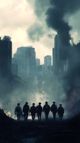 Smoke-walkers crossing a ruined neon city&rsquo;s quiet spine.