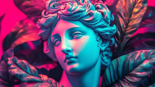 Neon-lit classical bust rendered with saturated dual lighting