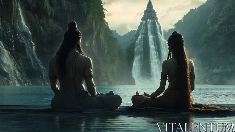 Two robed figures seated by waterfall and stepped tower.