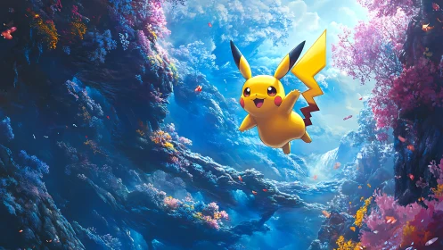 Joyful yellow friend soaring through a luminous forest sky.