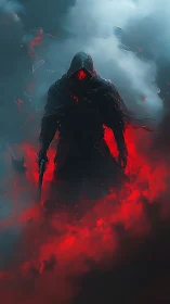 Hooded dark figure emerging from red inferno smoke