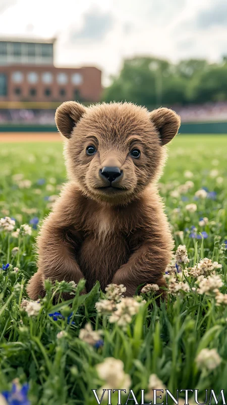 Brown bear cub sitting in green field of spring flowers.