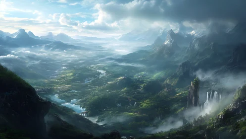 Expansive mountainous valley with rivers and waterfalls viewed.