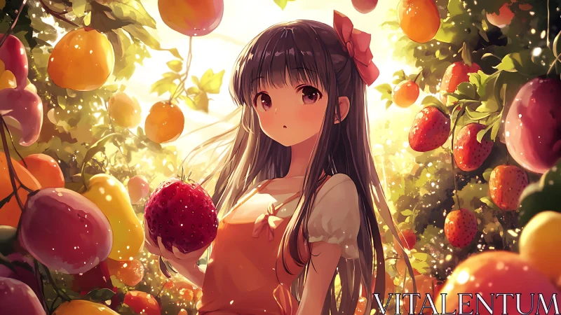 Backlit anime girl evaluates ripe fruit under warm golden bokeh