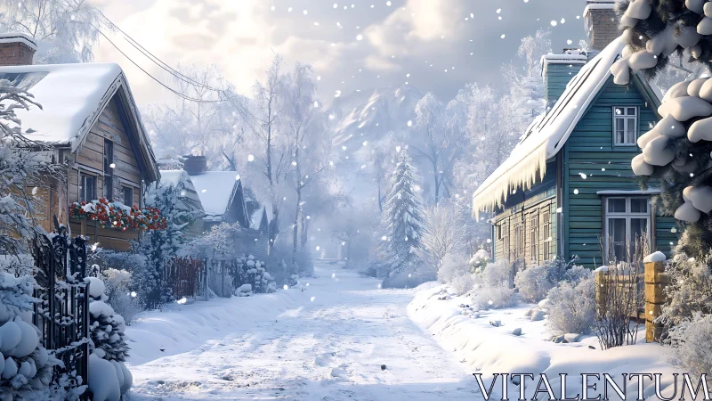 Cozy snow-covered village street wrapped in winter calm.