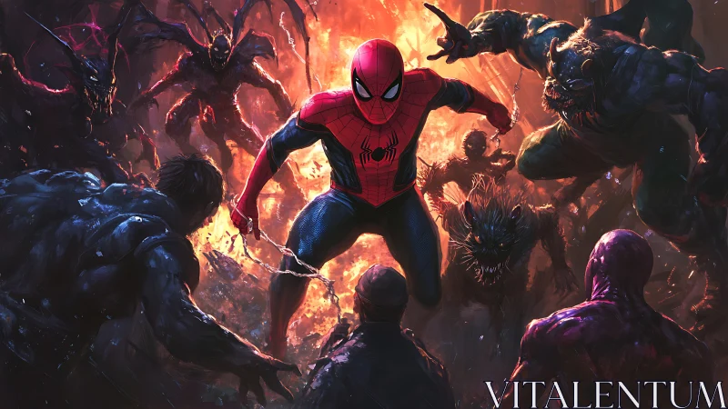 Spider-suited hero descends into a fiery clash with symbiote foes