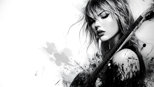 Monochrome female portrait with guitar and ink splashes.