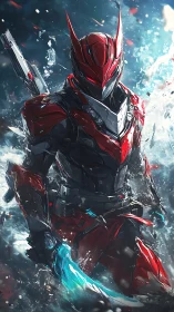 Armored sci fi warrior advances through turbulent water