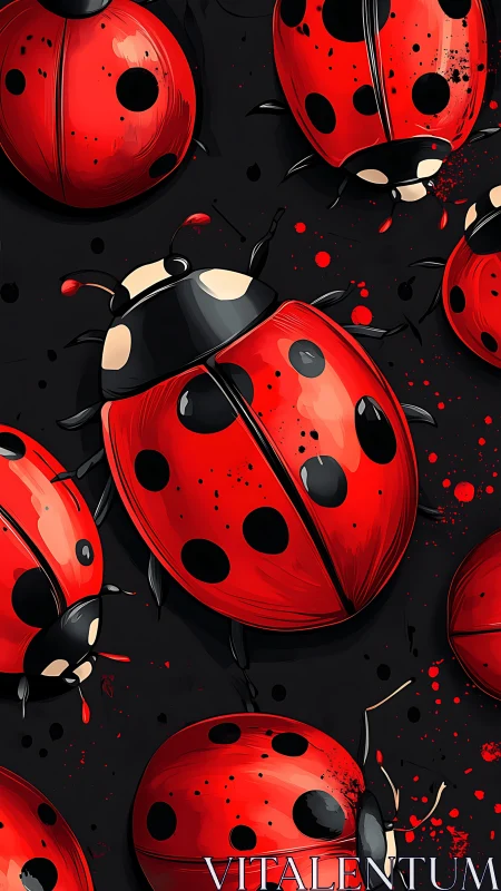 Bold digital ladybug pattern on dark splattered ground.