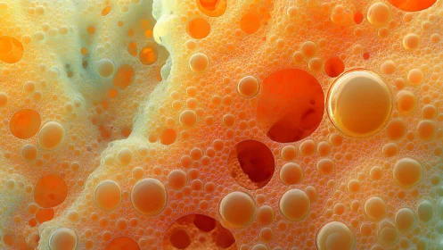 Orange fluid surface with dispersed spherical bubbles pattern.