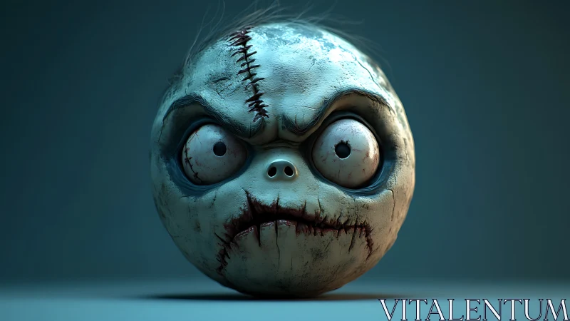 Stitched cracked monster head with bulging damaged eyes.