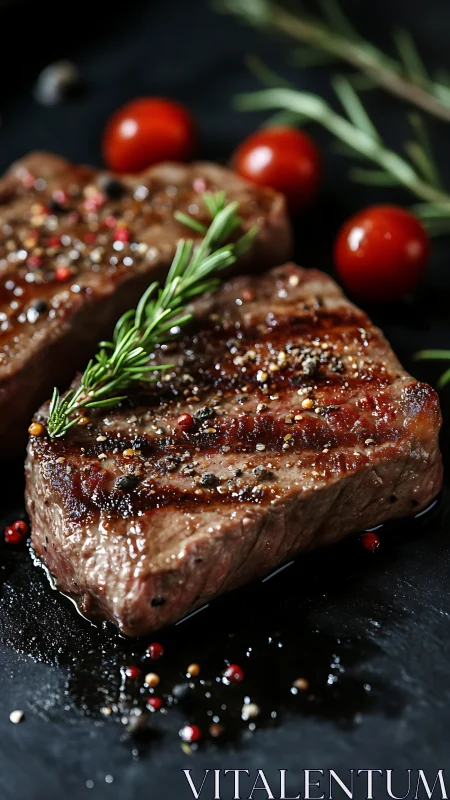 Grilled beef steaks rest on slate with herbs and tomatoes