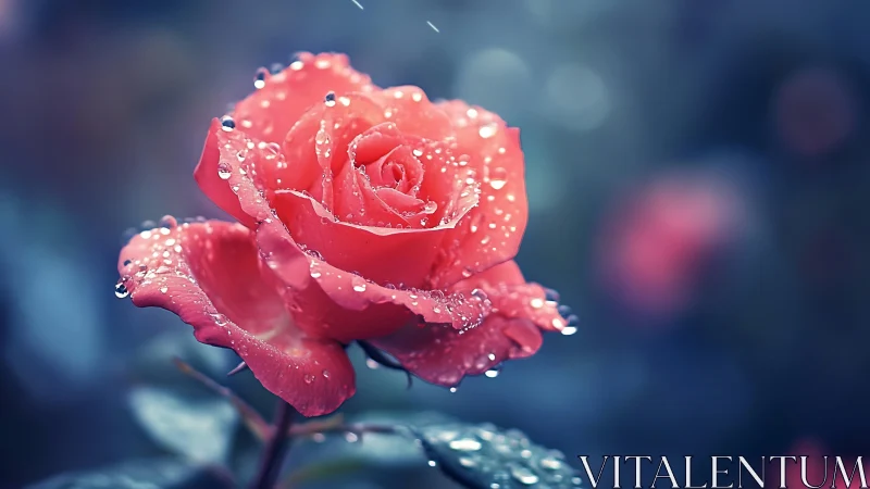 Red Rose With Raindrops Against Blurred Blue Background.