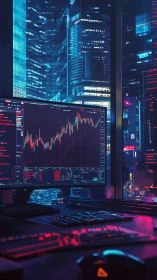 Neon city trading desk with glowing analytics screen.
