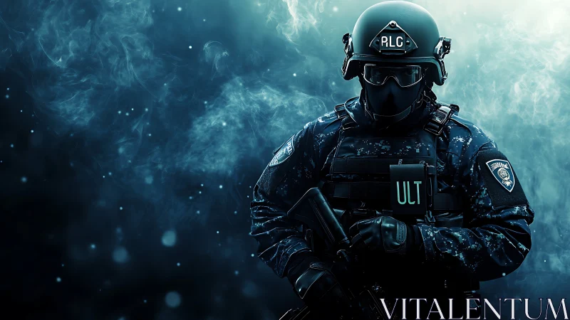 Heavily armed tactical officer in dark smoky environment.