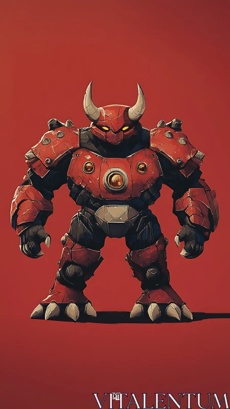 Horned red mech warrior on flat red background.