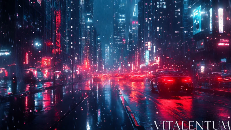 Neon city street glows through rain soaked midnight traffic