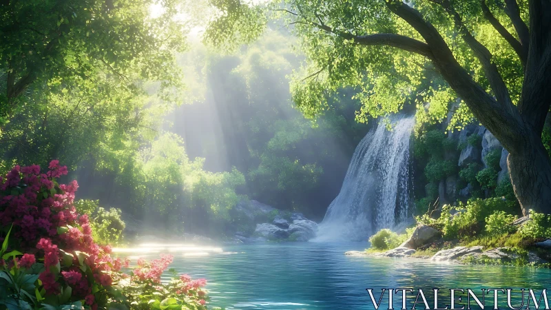 Waterfall pours into clear forest pool under bright sunlight