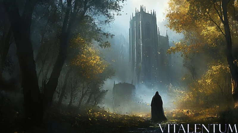 Hooded wanderer approaches mist-shrouded gothic citadel.