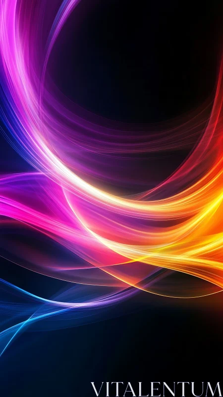 Vibrant neon light waves on deep black background.