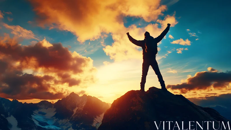 Summit silhouette rejoices beneath a wildfire sunrise sky.