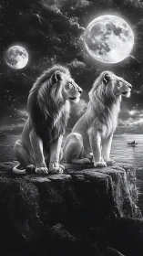Two lions seated on rocky outcrop beneath dual moons.