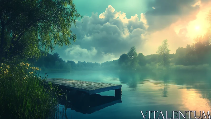 Sunlit mist over tranquil lake with wooden jetty foreground
