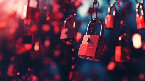 Crimson padlocks drift in dreamy bokeh-lit cybersecurity dusk.