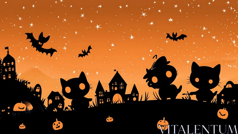 Spooky Halloween Night With Friendly Black Cats and Jack-O'-Lanterns